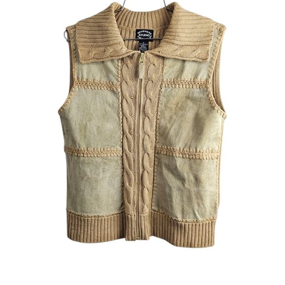 Designers Studio Originals Vintage Leather Zip Front Cable Knit Sweater Vest - Picture 1 of 5